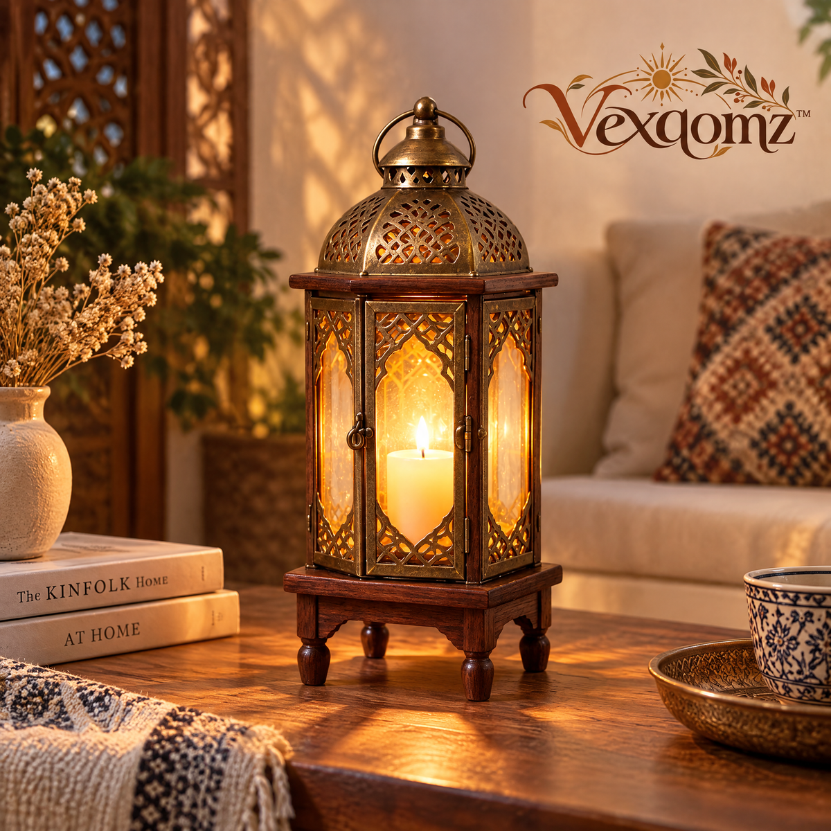 Vexqomz™ Vintage-Style Glass Lantern with Wooden Base