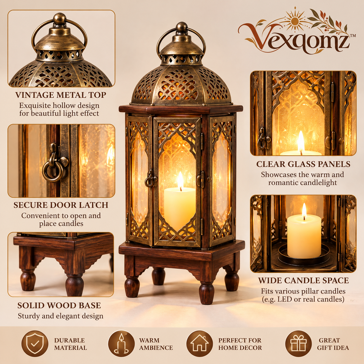 Vexqomz™ Vintage-Style Glass Lantern with Wooden Base