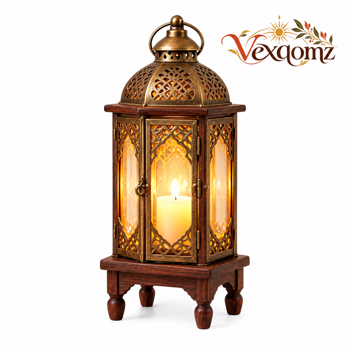 Vexqomz™ Vintage-Style Glass Lantern with Wooden Base