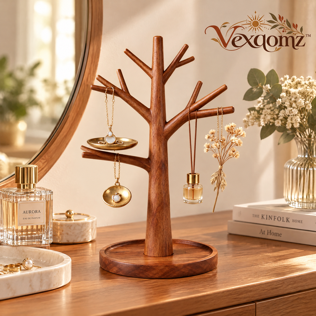 Vexqomz™ Wooden Jewelry Tree with Accessory Tray