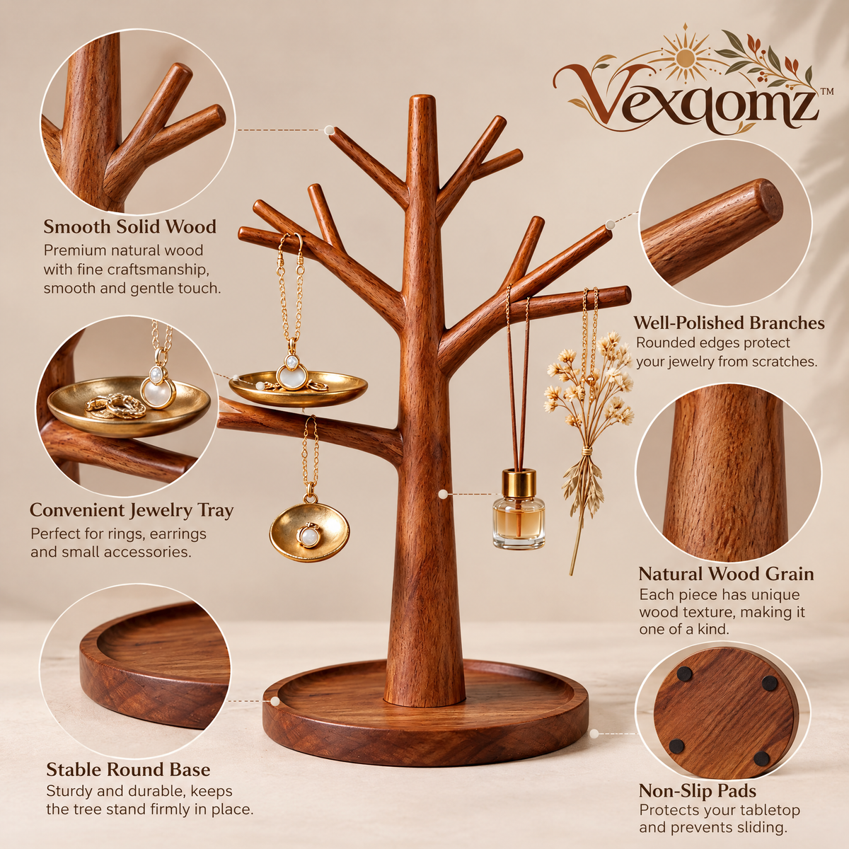Vexqomz™ Wooden Jewelry Tree with Accessory Tray