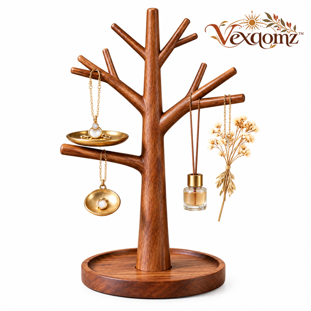 Vexqomz™ Wooden Jewelry Tree with Accessory Tray