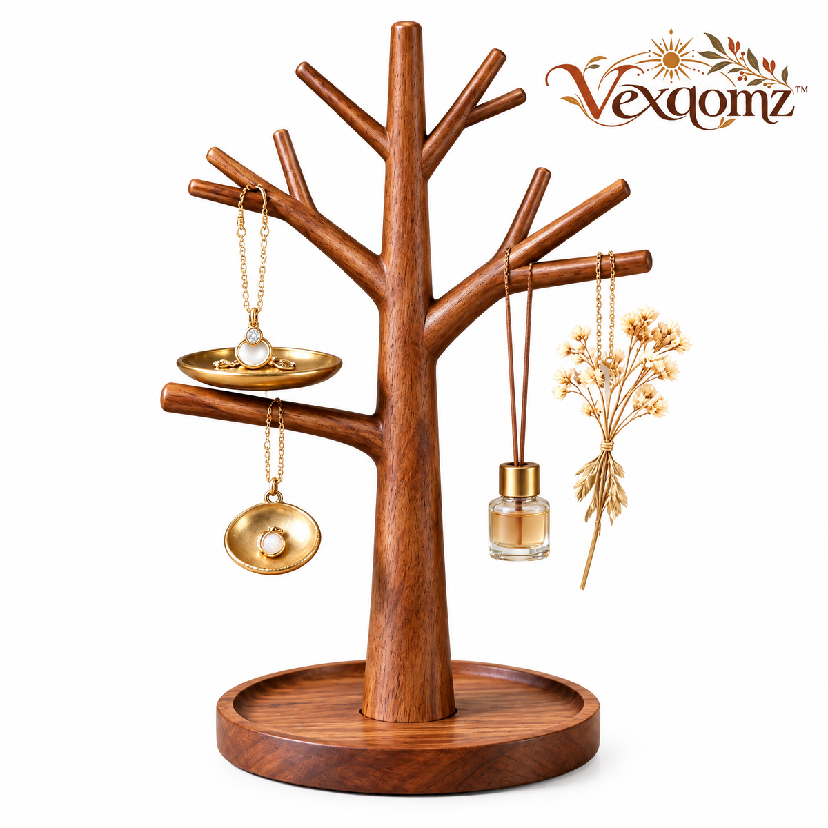Vexqomz™ Wooden Jewelry Tree with Accessory Tray