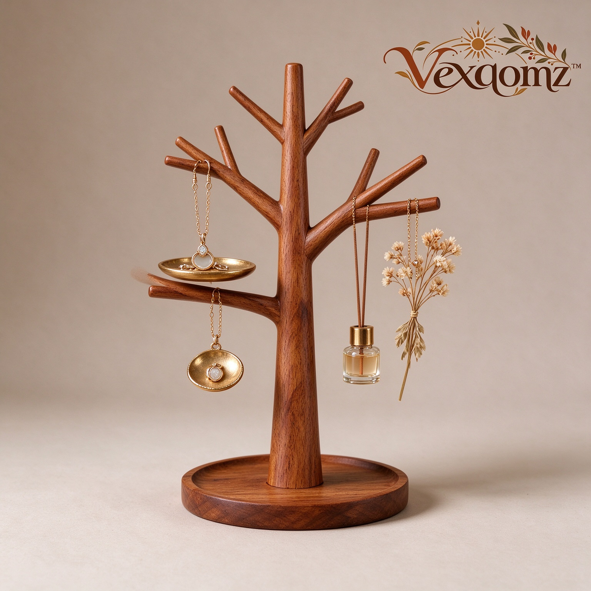 Vexqomz™ Wooden Jewelry Tree with Accessory Tray