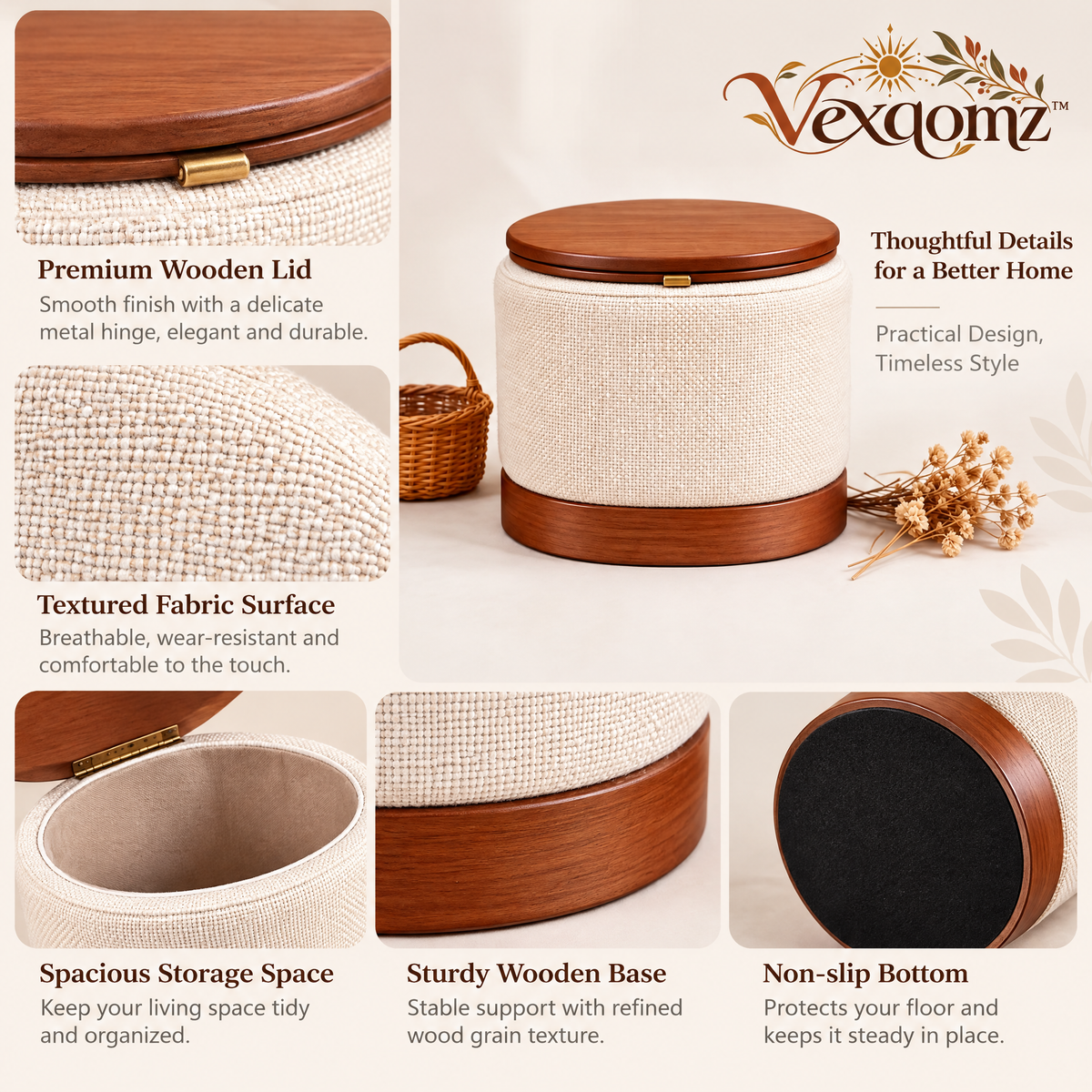 Vexqomz™ Textured Fabric Storage Basket with Wooden Lid
