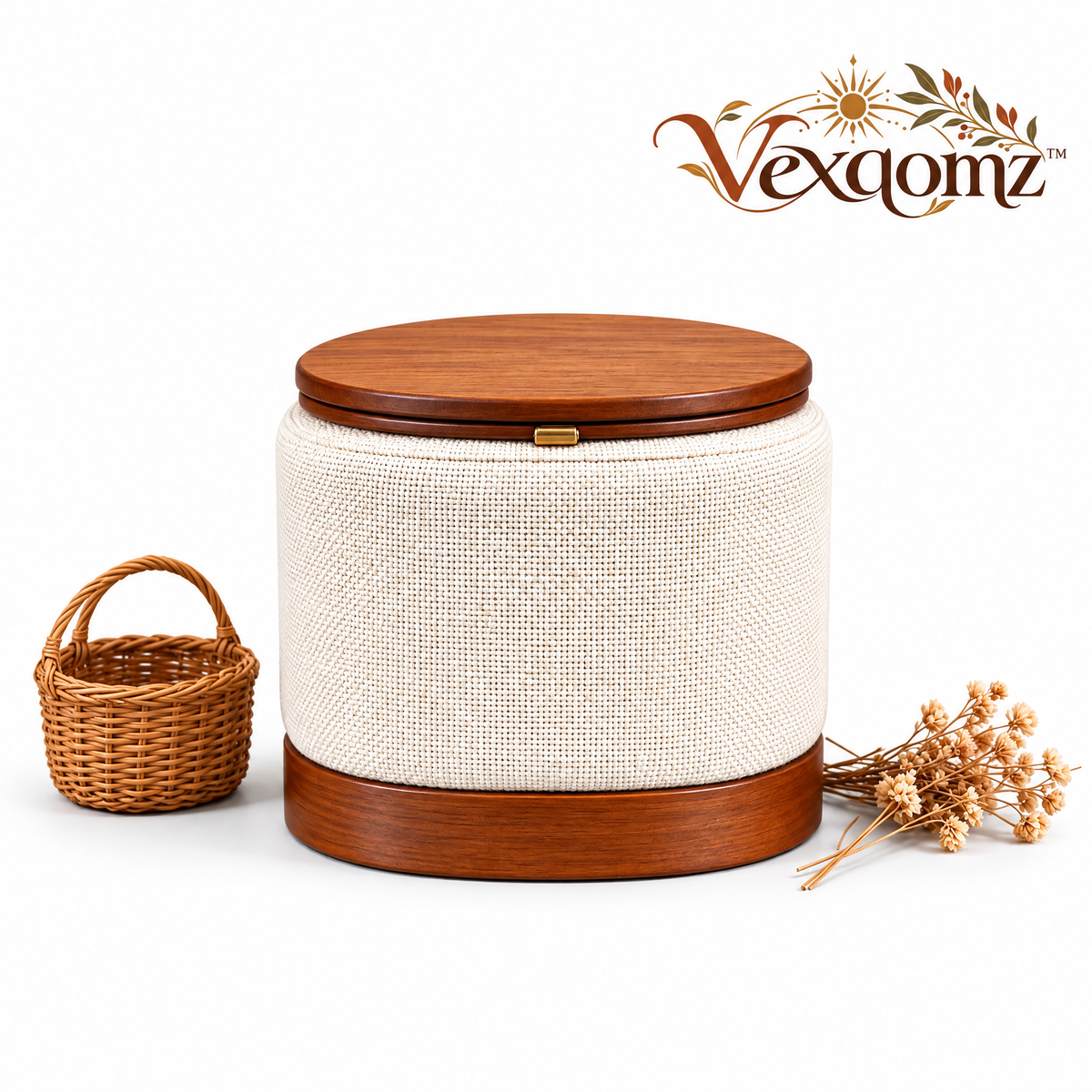 Vexqomz™ Textured Fabric Storage Basket with Wooden Lid