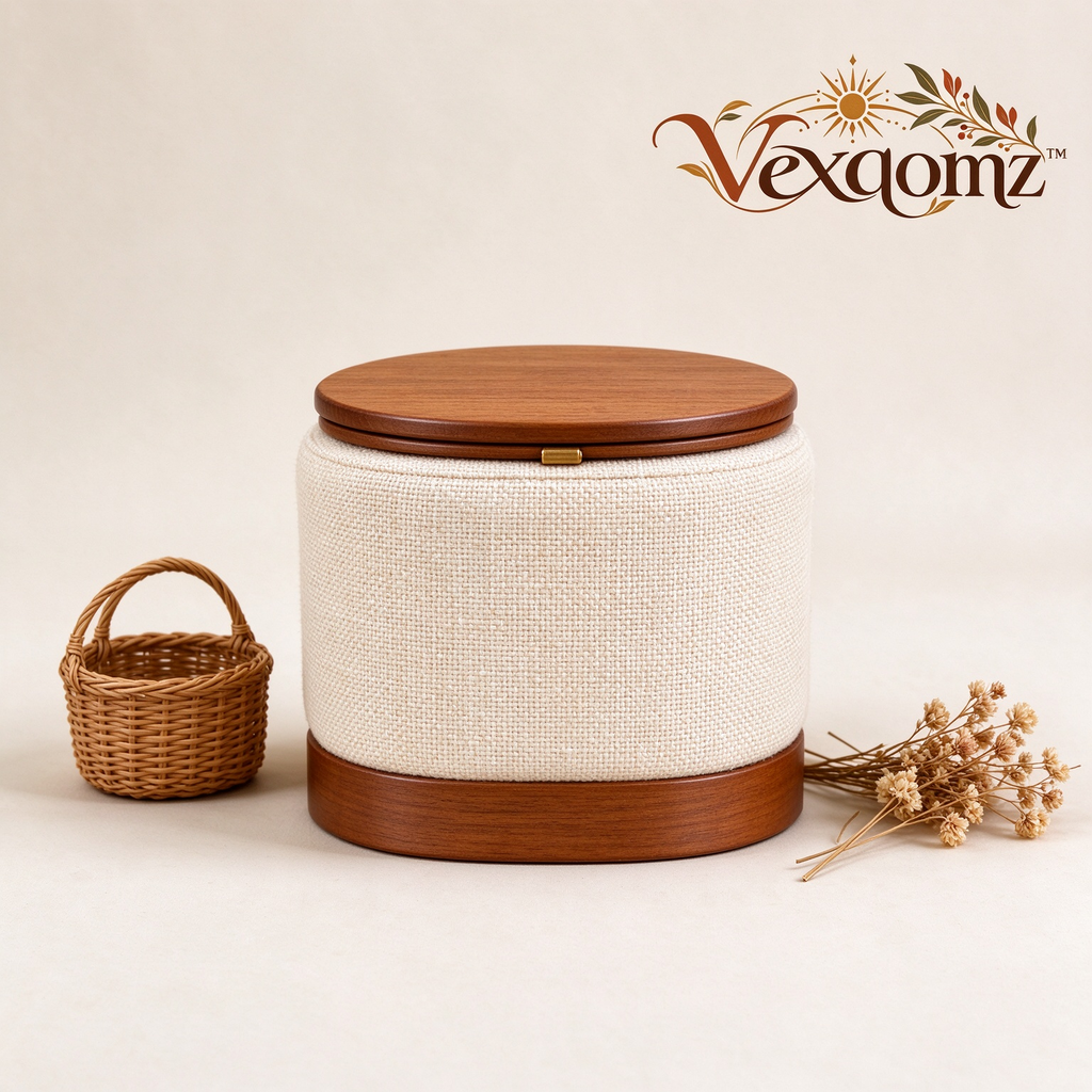 Vexqomz™ Textured Fabric Storage Basket with Wooden Lid