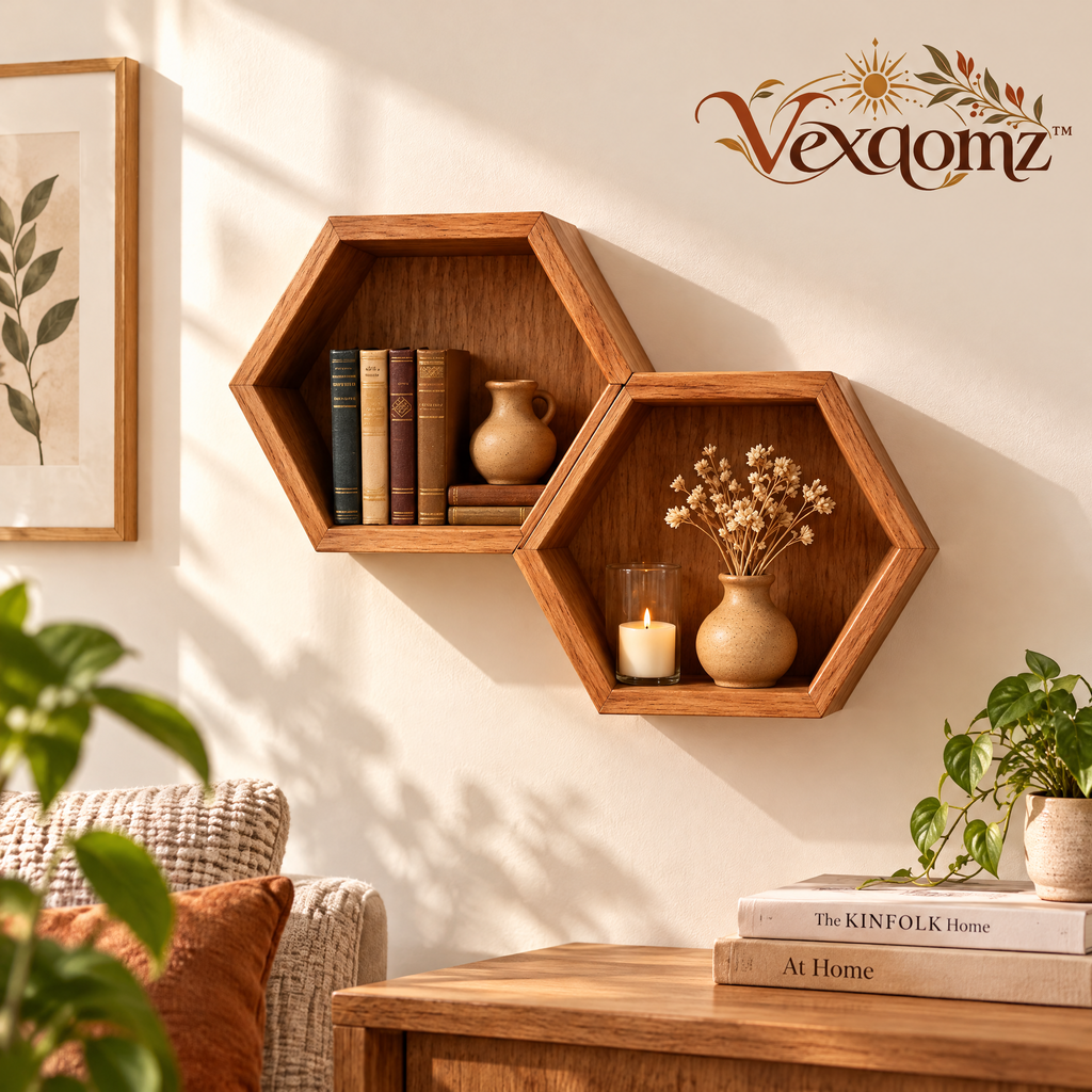Vexqomz™ Two-Piece Hexagonal Wooden Wall Shelf Set