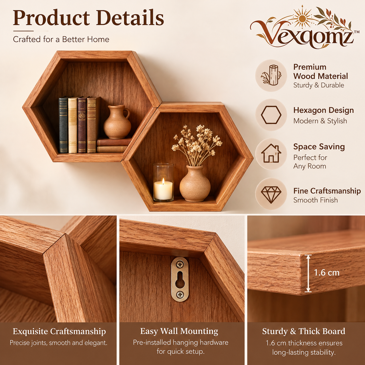Vexqomz™ Two-Piece Hexagonal Wooden Wall Shelf Set