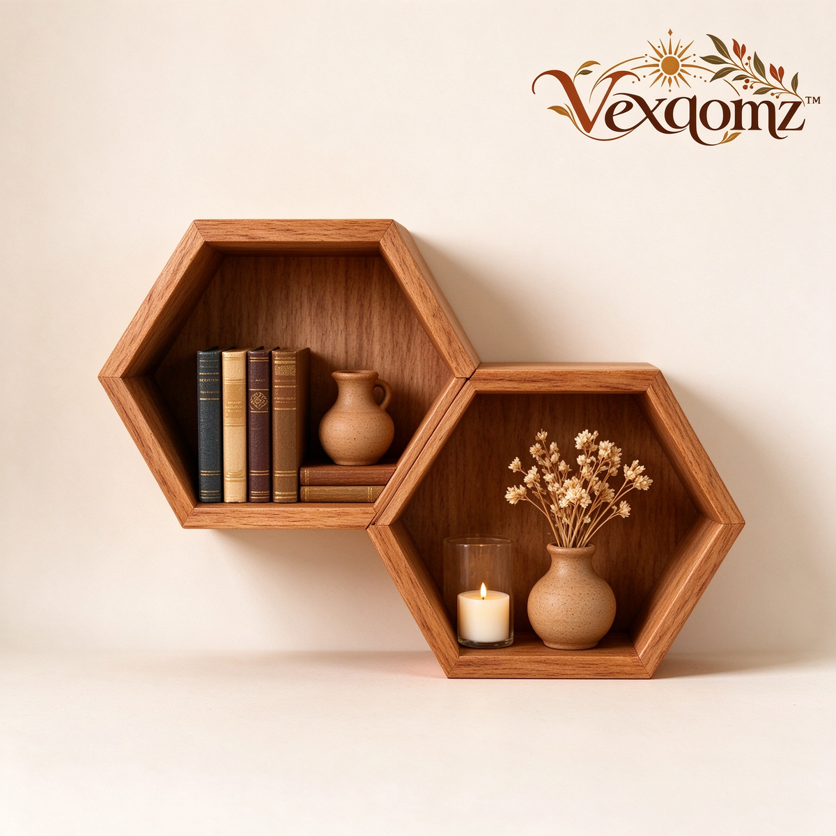 Vexqomz™ Two-Piece Hexagonal Wooden Wall Shelf Set