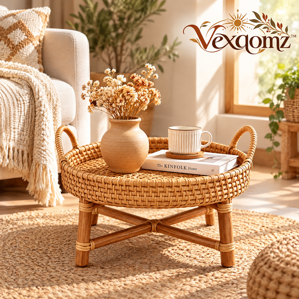 Vexqomz™ Round Woven Rattan Tray Stand