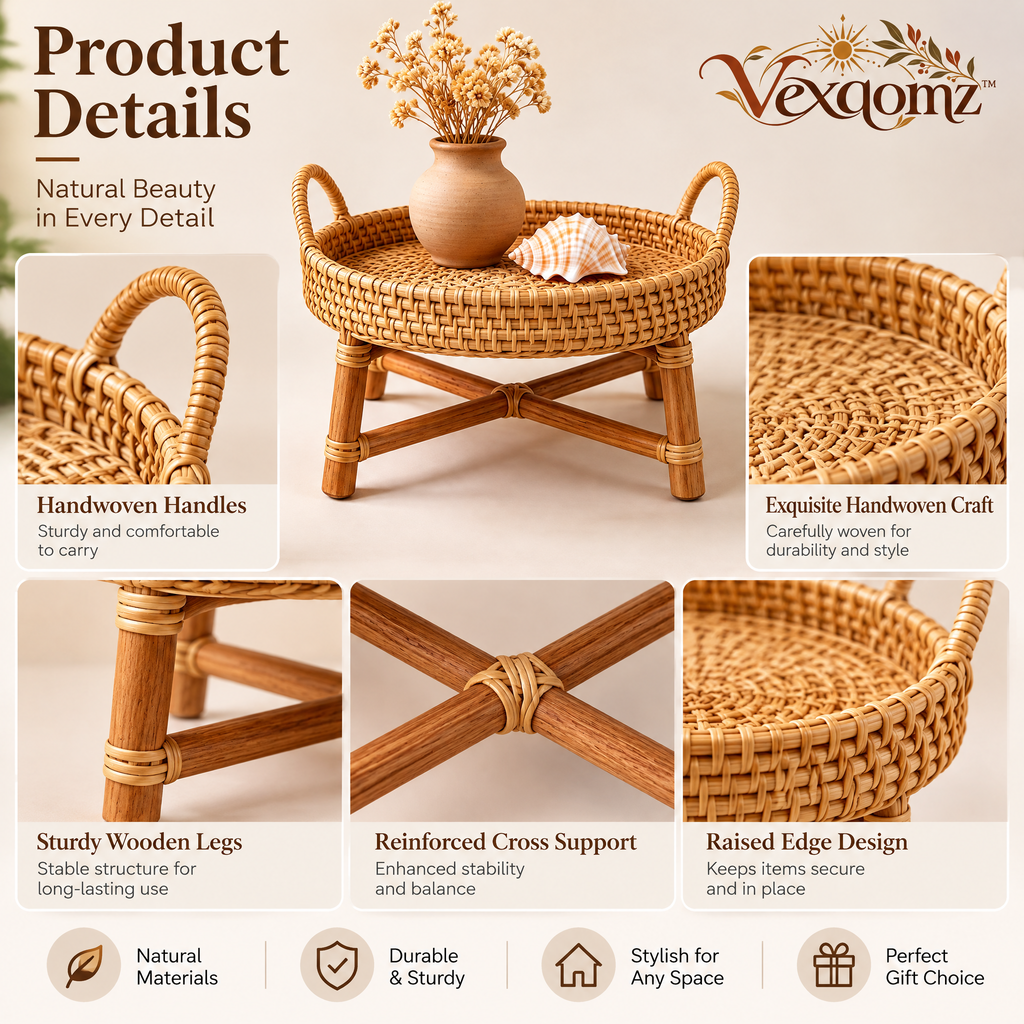 Vexqomz™ Round Woven Rattan Tray Stand
