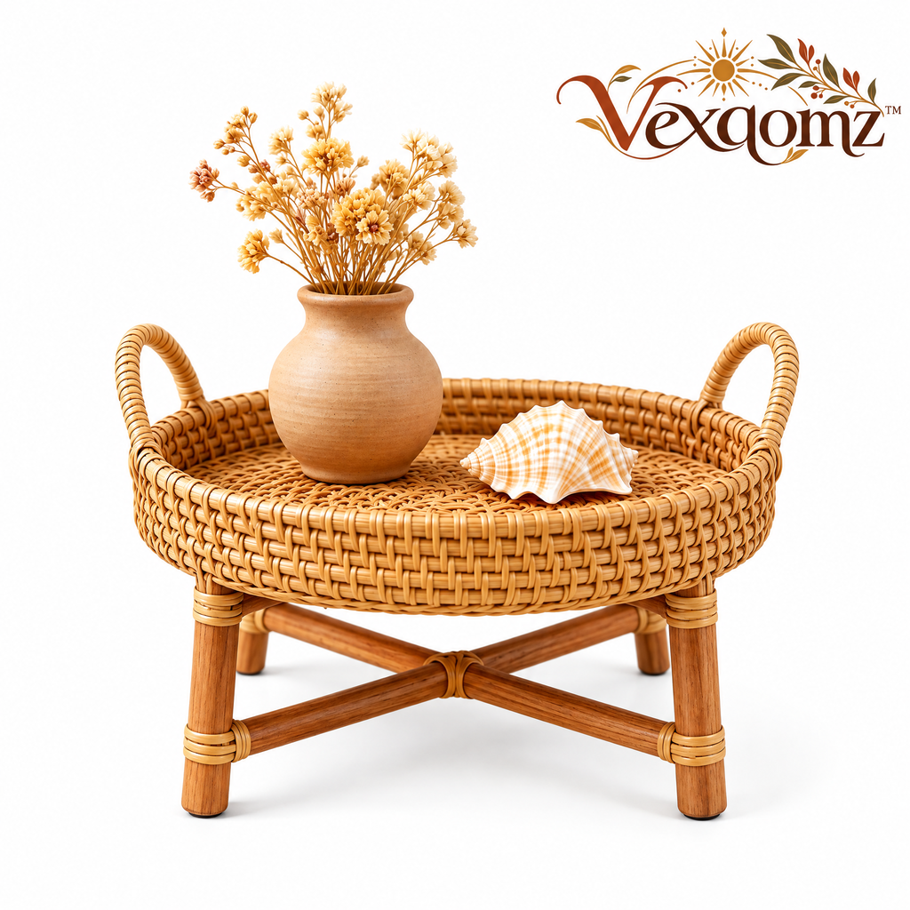 Vexqomz™ Round Woven Rattan Tray Stand