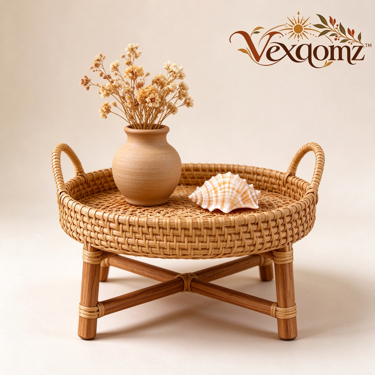 Vexqomz™ Round Woven Rattan Tray Stand
