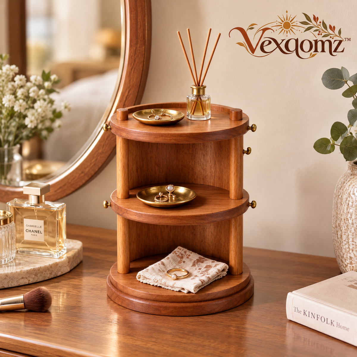 Vexqomz™ Three-Tier Rotating Wooden Organizer with Hooks