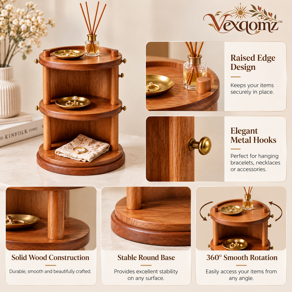 Vexqomz™ Three-Tier Rotating Wooden Organizer with Hooks