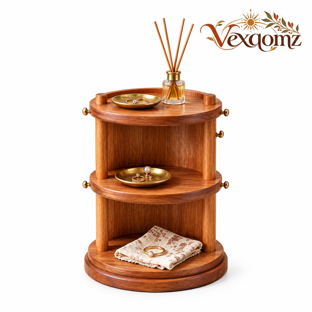 Vexqomz™ Three-Tier Rotating Wooden Organizer with Hooks