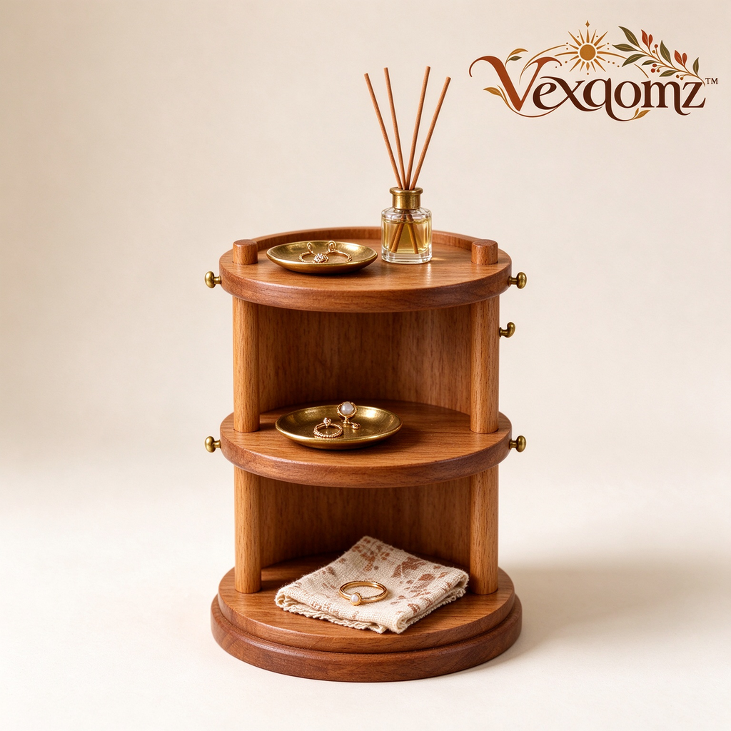 Vexqomz™ Three-Tier Rotating Wooden Organizer with Hooks