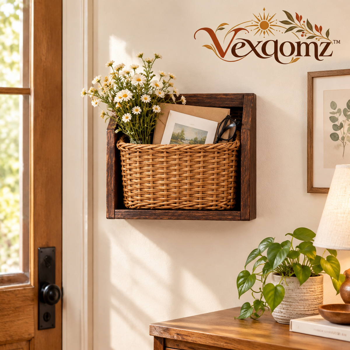 Vexqomz™ Wood-Framed Rattan Wall Basket