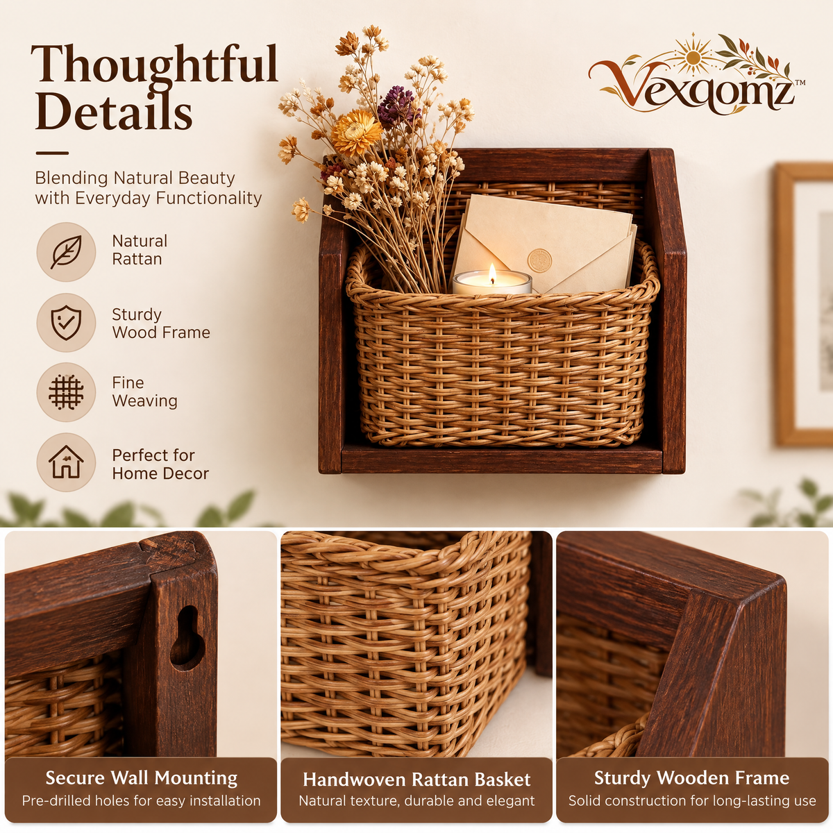 Vexqomz™ Wood-Framed Rattan Wall Basket
