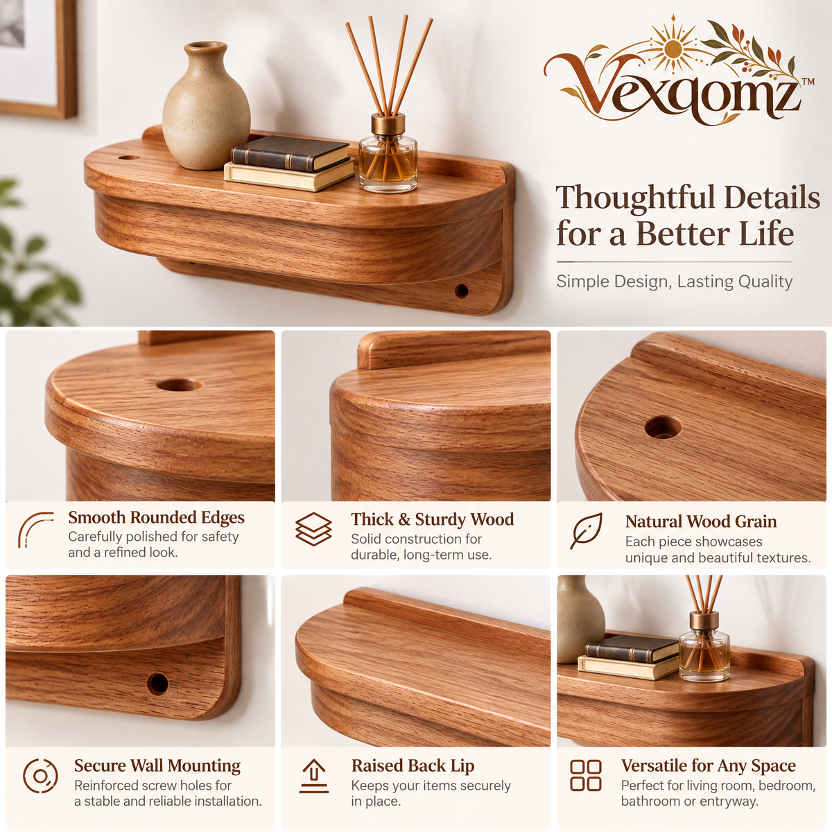 Vexqomz™ Rounded Wooden Floating Wall Shelf