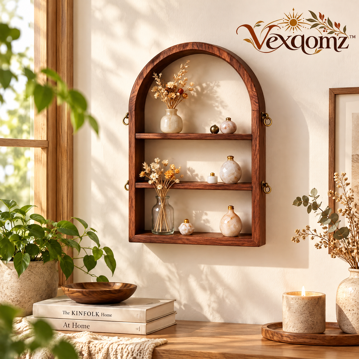 Vexqomz™ Arched Wooden Wall Shelf with Ring Accents