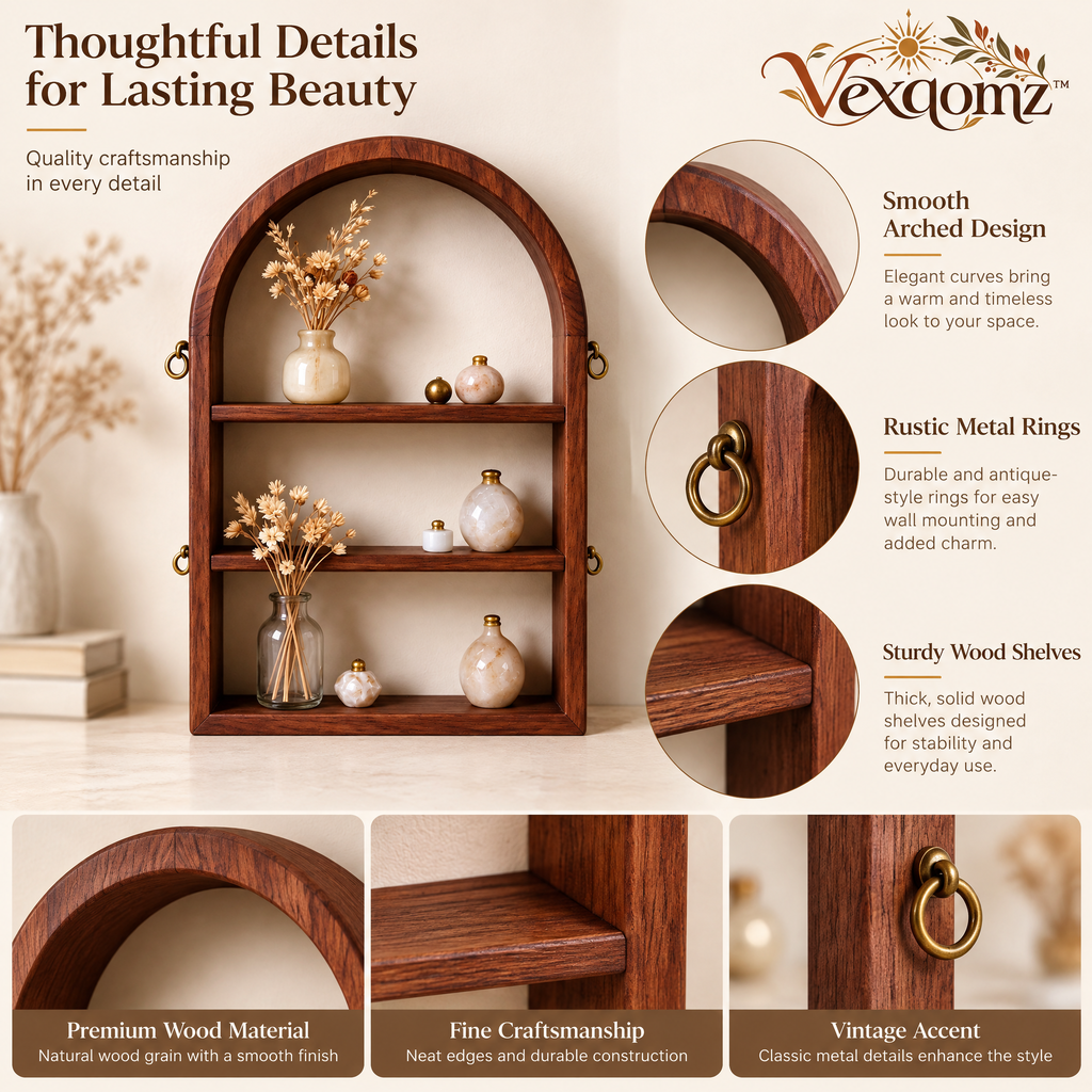 Vexqomz™ Arched Wooden Wall Shelf with Ring Accents