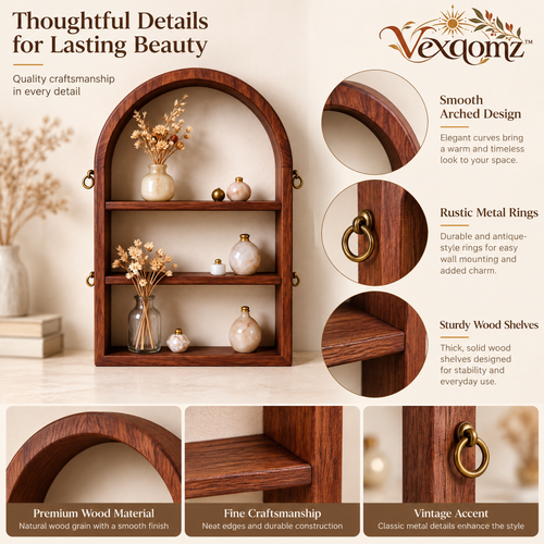 Vexqomz™ Arched Wooden Wall Shelf with Ring Accents