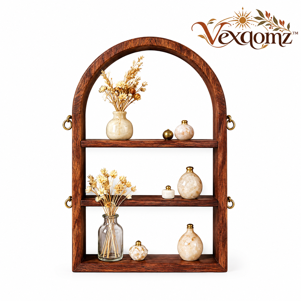 Vexqomz™ Arched Wooden Wall Shelf with Ring Accents