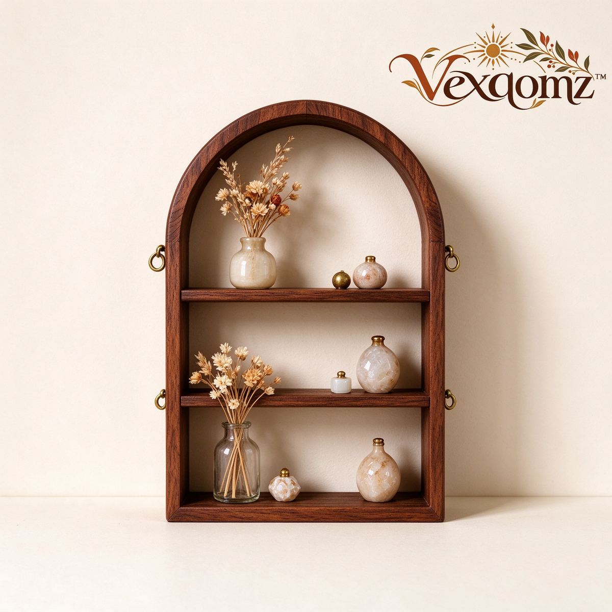 Vexqomz™ Arched Wooden Wall Shelf with Ring Accents