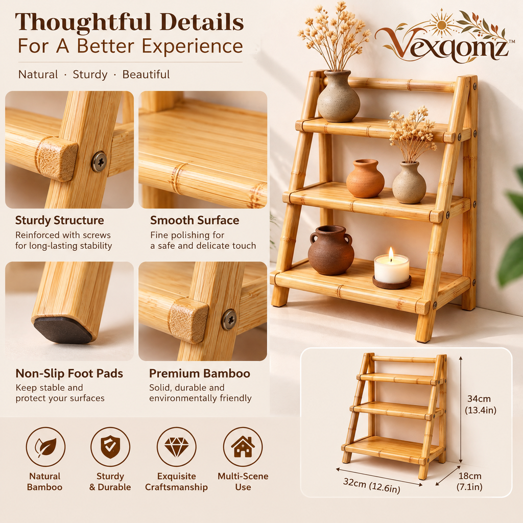 Vexqomz™ Three-Tier Bamboo Ladder Display Shelf